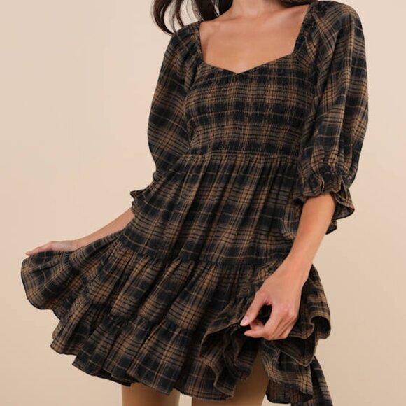 Lulus Dresses & Skirts - Lulus No One Cuter Black And Tan Plaid Puff Sleeve Tiered Mini Dress - Size M
